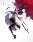  1girl black_hair black_legwear choker flower hakusai_(tiahszld) high_heels highres katana long_hair long_skirt mary_janes original pantyhose petals pleated_skirt red_eyes rose rose_petals shoes skirt solo sword weapon 