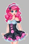    1girl bangs blue_eyes blush breasts cleavage eyelashes grey_background looking_at_viewer maid maid_headdress my_little_pony my_little_pony_friendship_is_magic open_mouth outline personification pink_hair pinkie_pie racoon-kun sidelocks simple_background smile solo white_outline 