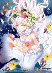  1girl blue_eyes bracelet bubble detached_collar fish flower gilse goldfish groin hair_flower hair_ornament jewelry looking_at_viewer mermaid monster_girl navel necklace pale_skin pearl qurare_magic_library shell shell_bikini solo underwater white_hair 