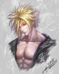  1boy 2015 abs bare_chest blonde_hair cloud_strife coat collarbone earrings final_fantasy final_fantasy_vii final_fantasy_vii_advent_children jay_b_lee jewelry looking_down male_focus muscle open_clothes open_coat pectorals signature solo upper_body 