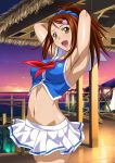  1girl armpits arms_behind_head bachou_mouki breasts brown_eyes brown_hair groin hair_ornament hair_scrunchie high_ponytail ikkitousen large_breasts long_hair midriff navel open_mouth outdoors pleated_skirt scrunchie shiny shiny_skin sideboob skirt solo white_skirt 