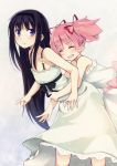  2girls :d ^_^ absurdres akemi_homura bare_shoulders black_hair black_ribbon closed_eyes dress hair_ribbon hairband highres hug hug_from_behind kaname_madoka kyuri long_hair mahou_shoujo_madoka_magica multiple_girls open_mouth parted_lips pink_hair ribbon scan smile twintails very_long_hair violet_eyes white_dress 