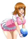  1girl ato_(ikkitousen) breasts brown_eyes brown_hair cleavage collarbone eyebrows eyebrows_visible_through_hair fingerless_gloves gloves holding_bag ikkitousen large_breasts leaning_forward long_hair open_mouth pink_shirt pleated_skirt shirt short_hair skirt solo white_skirt 