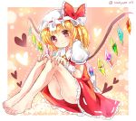  1girl ascot barefoot blonde_hair blush bow closed_mouth commentary_request crystal dotted_line feet flandre_scarlet frilled_skirt frills full_body hat hat_bow heart knees_up looking_at_viewer looking_to_the_side mob_cap panties pantyshot pantyshot_(sitting) puffy_short_sleeves puffy_sleeves ramudia_(lamyun) red_bow red_eyes red_shirt red_skirt shirt short_sleeves side_ponytail sitting skirt skirt_set smile solo touhou twitter_username underwear white_panties wings wrist_cuffs 