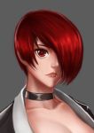  1girl absurdres breasts choker cleavage eyelashes genderswap genderswap_(mtf) grey_background hair_over_one_eye highres lips lipstick makeup nose oroo portrait red_eyes redhead short_hair solo the_king_of_fighters yagami_iori 