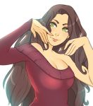  1girl asami_sato asymmetrical_sleeves avatar_(series) bare_shoulders breasts brown_hair cleavage green_eyes highres lips long_hair simple_background smile solo superboin sweater the_legend_of_korra white_background 