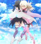  2girls black_hair boots brown_hair closed_eyes clouds fate/kaleid_liner_prisma_illya fate_(series) highres hug illyasviel_von_einzbern long_hair magical_ruby miyu_edelfelt multiple_girls prisma_illya screencap sky thigh-highs thigh_boots 