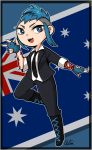  1girl australian_flag blue_eyes blue_gloves blue_hair boots commentary_request fang fingerless_gloves flag formal gloves looking_at_viewer mohawk payday_(series) payday_2 smile solo suit sydney_(payday) tattoo wagum_ra 