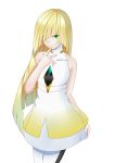  1girl artist_request blonde_hair dress finger_to_mouth green_eyes hair_over_one_eye highres long_hair looking_at_viewer lusamine_(pokemon) pokemon pokemon_(game) pokemon_sm short_dress sleeveless sleeveless_dress very_long_hair 