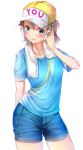  1girl absurdres arm_behind_back baseball_cap blue_eyes blue_shirt blue_shorts blush brown_hair character_name collarbone contrapposto cowboy_shot hachinatsu hair_between_eyes hat headwear_writing highres looking_at_viewer love_live! love_live!_sunshine!! shirt short_hair shorts simple_background smile solo sweat t-shirt teeth towel towel_around_neck watanabe_you white_background 
