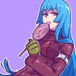  1girl akairiot blue_eyes candy gloves kula_diamond lollipop long_hair looking_at_viewer purple_background red_eyes solo the_king_of_fighters the_king_of_fighters_xiv 