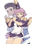  1boy 1girl cover cover_page cowboy_shot flute hamada_yoshikazu hat hikimayu instrument japanese_clothes kagami_kazuya kyouka_(tsugumomo) looking_at_viewer music panties pantyshot pink_eyes playing_instrument pleated_skirt purple_hair short_hair simple_background skirt sweatdrop tate_eboshi thighs tsugumomo underwear white_background white_panties wide_sleeves 