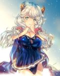  1girl artist_name blush breasts cleavage doraf granblue_fantasy horns kumuyu large_breasts long_hair looking_at_viewer low_twintails min-naraken open_mouth scrunchie silver_hair solo twintails wide_sleeves yellow_eyes 