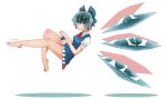  1girl bare_legs barefoot blue_dress blue_eyes blue_hair character_name cirno dress floating full_body ice ice_wings large_wings looking_at_viewer sakagami_(oshmkfa120) shadow short_dress short_hair skirt_hold solo touhou wings 