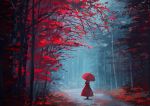  1girl dress forest full_body green_hair holding holding_umbrella kagiyama_hina nature parasol red_dress scenery sh_(562835932) solo touhou tree umbrella walking 