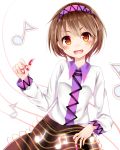  1girl blush brown_eyes brown_hair chikuwa_savi hairband highres instrument koto_(instrument) musical_note open_mouth raised_eyebrow short_hair solo touhou tsukumo_yatsuhashi white_background 