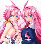  2girls artist_name blue_eyes blush braid breasts disgaea hair_tubes hat highres iwasi-r large_breasts long_hair looking_at_viewer makai_senki_disgaea_4 multiple_girls pink_hair red_eyes sidelocks smile vulcanus_(disgaea_4) wings 