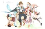  2boys 3girls alisha_diphda blonde_hair blue_hair blush brown_hair closed_eyes dress edna_(tales) grin holding_hands jusc0 lailah_(tales) long_hair mikleo_(tales) multiple_boys multiple_girls open_mouth short_hair side_ponytail smile sorey_(tales) tales_of_(series) tales_of_zestiria umbrella very_long_hair violet_eyes 