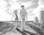  1boy 1girl :d admiral_(kantai_collection) ahoge akitsushima_(kantai_collection) bag building bush clenched_hands clouds cloudy_sky from_behind grass greyscale hair_ornament hat heart high_heels holding_bag horizon kantai_collection long_hair long_sleeves looking_at_another looking_back mini_hat monochrome ocean open_mouth outdoors pants path pleated_skirt road scarlet_show shadow shirt shopping_bag short_sleeves side_ponytail sidelocks skirt sky skyscraper smile thigh-highs uniform zettai_ryouiki 