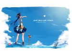  1girl black_hat blouse blue_bow blue_dress blue_hair blue_skirt book bottle bow clouds cloudy_sky dress english food from_behind fruit hat hinanawi_tenshi holding large_bow long_hair message_in_a_bottle peach red_eyes signpost skirt sky solo tetsurou_(fe+) touhou translation_request wading water white_blouse wind 