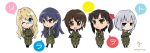  5girls asymmetrical_hair blonde_hair blue_eyes blue_hair brown_eyes brown_hair chibi colored_shadow commentary_request copyright_name everyone filicia_heideman glasses hair_ornament hairclip highres kazumiya_rio long_hair military military_uniform multiple_girls one_eye_closed shadow short_hair sonobashi_nogi sora_no_woto sorami_kanata suminoya_kureha twintails uniform 