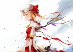  1girl ascot bangs blonde_hair bow commentary_request crop_top crystal flandre_scarlet from_side hat hat_bow hat_ribbon laevatein midriff mob_cap petals red_eyes ribbon short_hair side_ponytail skirt solo standing tetsurou_(fe+) touhou upper_body wings 