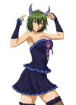  1girl bare_shoulders blue_dress breasts cleavage collarbone detached_sleeves dress eyebrows eyebrows_visible_through_hair fake_horns green_eyes green_hair hair_between_eyes horns ikkitousen kyocho_chuukou large_breasts long_hair looking_at_viewer short_hair simple_background solo strapless strapless_dress thigh-highs white_background 