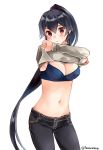  black_hair blush bra breasts clothes_lift denim ichinomiya_(blantte) jeans kantai_collection long_hair looking_at_viewer medium_breasts pants ponytail red_eyes simple_background stomach sweater sweater_lift twitter_username underwear very_long_hair white_background yahagi_(kantai_collection) 