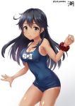  1girl :o ahoge alternate_costume artist_name bare_arms bare_shoulders black_hair blue_swimsuit blush breasts brown_eyes cleavage collarbone covered_navel cowboy_shot dark_skin kantai_collection long_hair looking_at_viewer medium_breasts name_tag one-piece_swimsuit one-piece_tan open_mouth sakiyamama school_swimsuit scrunchie shiny shiny_skin simple_background solo standing swimsuit tan tanline ushio_(kantai_collection) white_background wrist_scrunchie 