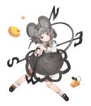  1girl animal animal_ears blush brown_eyes capelet cheese closed_mouth dowsing_rod full_body grey_hair gwayo head_tilt highres jewelry long_sleeves looking_at_viewer mouse mouse_ears mouse_tail nazrin shirt shoes short_hair simple_background skirt smile socks solo tail touhou white_background white_legwear 