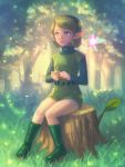  1girl bellhenge blue_eyes fairy forest green_hair hairband highres instrument nature ocarina pointy_ears saria short_hair solo the_legend_of_zelda the_legend_of_zelda:_ocarina_of_time 