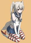  1girl 1ppen4nde3ru alternate_costume amatsukaze_(kantai_collection) bare_shoulders black_panties boots collarbone cosplay crop_top elbow_gloves eyebrows eyebrows_visible_through_hair gloves grey_hair headgear_removed highleg highleg_panties highres kantai_collection looking_at_viewer navel orange_background panties sailor_collar shimakaze_(kantai_collection) shimakaze_(kantai_collection)_(cosplay) simple_background sitting skirt sleeveless solo striped striped_legwear two_side_up underwear wariza white_gloves yellow_eyes 