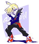  1boy blonde_hair character_name chiyo_(shuten_dj) covering_face fanny_pack full_body gladio_(pokemon) green_eyes looking_at_viewer male_focus pokemon pokemon_(game) pokemon_sm pose shoes simple_background sneakers solo vest white_background 