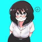  1girl alphy anger_vein bent_over black_bra black_hair black_skirt blue_background blue_eyes blush bra breasts buttons closed_mouth collarbone dress_shirt glasses highres large_breasts meow_(alphy) original pencil_skirt pout round_glasses see-through shirt short_hair short_sleeves skirt solo speech_bubble underwear 