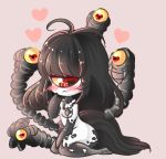  1girl :3 absurdres antenna_hair black_hair blush chibi cyclops extra_ears gazer_(monster_girl_encyclopedia) grey_skin heart heart-shaped_pupils highres long_hair looking_at_viewer looking_away monster_girl monster_girl_encyclopedia one-eyed pink_background red_eyes simple_background sitting solo sparkstea symbol-shaped_pupils tail tentacles yellow_sclera 