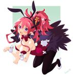  1girl artist_name breasts bunnysuit cleavage crown disgaea fang highres iwasi-r jewelry leotard looking_at_viewer makai_senki_disgaea_5 open_mouth pantyhose pink_hair pointy_ears ponytail seraphina_(disgaea) smile solo wrist_cuffs 