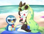  beach blue_sky blush closed_eyes drink drinking_straw facing_viewer glasses_on_head meloetta no_humans open_mouth outdoors pink_(4chan) piplup pokemon pokemon_(creature) sitting sky soda_can sunglasses towel 