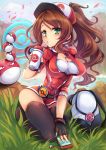  1girl baseball_cap black_legwear blush brown_hair drinking female_protagonist_(pokemon_go) fingerless_gloves gloves goushou green_eyes hat long_hair poke_ball pokedex pokemon pokemon_go ponytail rucksack sitting solo thigh-highs voltorb 