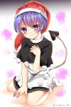  1girl :| blue_eyes blue_hair blush breasts capelet closed_mouth commentary_request doremy_sweet dream_soul dress full_body hat highres looking_at_viewer medium_breasts nightcap pom_pom_(clothes) ramudia_(lamyun) short_dress short_hair socks solo tapir_tail touhou white_dress white_legwear 