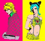  1boy 1girl aqua_hair belt birthmark black_hair braid breasts diego_brando double_bun gloves green_eyes grey_gloves joestar_birthmark jojo_no_kimyou_na_bouken kuujou_jolyne lipstick makeup miruru_souya multicolored_hair navel navel_piercing piercing pink_lipstick sideboob single_braid small_breasts smile steel_ball_run turtleneck two-tone_hair 