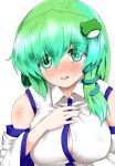  1girl blush breasts byoin cleavage commentary_request detached_sleeves frog_hair_ornament green_eyes green_hair hair_ornament highres japanese_clothes kochiya_sanae large_breasts long_hair looking_at_viewer miko open_mouth smile snake_hair_ornament solo touhou upper_body 