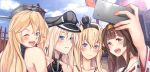  4girls :d ;d anchor bare_shoulders bismarck_(kantai_collection) blonde_hair blue_eyes blush brown_hair cellphone chain crown detached_sleeves grey_eyes hairband hat headgear highres iowa_(kantai_collection) japanese_clothes kantai_collection kongou_(kantai_collection) long_hair mini_crown multiple_girls nontraditional_miko one_eye_closed open_mouth peaked_cap phone self_shot smartphone smile star star-shaped_pupils symbol-shaped_pupils untsue warspite_(kantai_collection) 