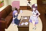  2girls :d absurdres blue_eyes blush brown_hair cookie cosplay dress flower food hair_flower hair_ornament hand_on_hip highres idol long_hair multiple_girls nakagawa_hiromi new_game! official_art open_mouth ponytail pose purple_hair scan sitting smile socks soujirou_(new_game!) suzukaze_aoba takimoto_hifumi twintails violet_eyes 