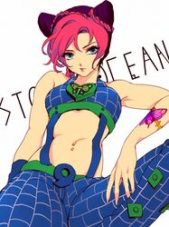  1girl aibu braid brooch double_bun halter_top halterneck jewelry jojo_no_kimyou_na_bouken kuujou_jolyne lipstick makeup multicolored_hair navel navel_piercing piercing pink_hair pink_lipstick purple_hair single_braid solo tattoo two-tone_hair wristband 