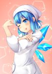  1girl :p blue_eyes blue_hair cirno flexing head_scarf highres ice ice_wings kappougi kirimori_toya long_sleeves one_eye_closed pose short_hair tenugui tongue tongue_out touhou wings 