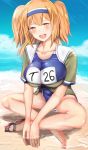  1girl beach blush breasts commentary_request competition_swimsuit crossed_legs hair_ornament hairband i-26_(kantai_collection) jacket kantai_collection large_breasts name_tag ocean one-piece_swimsuit orange_eyes orange_hair sandals sandals_removed school_swimsuit shiny shiny_skin sitting smile swimsuit two_side_up untsue 