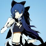  1girl blake_belladonna blake_belladonna_(cosplay) blue_eyes blue_hair bow breasts cosplay dh_(brink_of_memories) hair_bow highres lips long_hair medium_breasts midriff navel persona persona_4 persona_x_detective rwby shirogane_naoto solo 