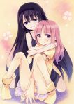  2girls absurdres akemi_homura bare_legs between_legs black_hair blue_eyes blush crossed_arms flower gradient_hair hair_down hairband hand_between_legs hand_on_another&#039;s_cheek hand_on_another&#039;s_face happy highres hug kaname_madoka kyuri long_hair looking_at_viewer mahou_shoujo_madoka_magica multicolored_hair multiple_girls parted_lips pink_eyes pink_hair scan short_sleeves sitting smile socks v_arms very_long_hair violet_eyes yellow_background yellow_legwear yuri 