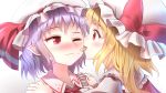  2girls arms_at_sides blonde_hair blush cheek_licking face_licking fang flandre_scarlet food food_on_face hands_on_another&#039;s_shoulders hat hat_ribbon heart lavender_hair licking looking_at_another minust mob_cap multiple_girls nose_blush one_eye_closed open_mouth pointy_ears red_eyes remilia_scarlet ribbon short_hair siblings side_ponytail sisters slit_pupils tongue tongue_out touhou vampire wavy_mouth 