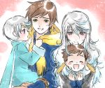  4boys blue_hair blush brown_hair child circlet earrings feather_earrings green_eyes jewelry long_hair male_focus mikleo_(tales) multicolored_hair multiple_boys open_mouth scarf shiitake_(gensoudou) short_hair smile sorey_(tales) tales_of_(series) tales_of_zestiria time_paradox two-tone_hair violet_eyes white_hair younger 